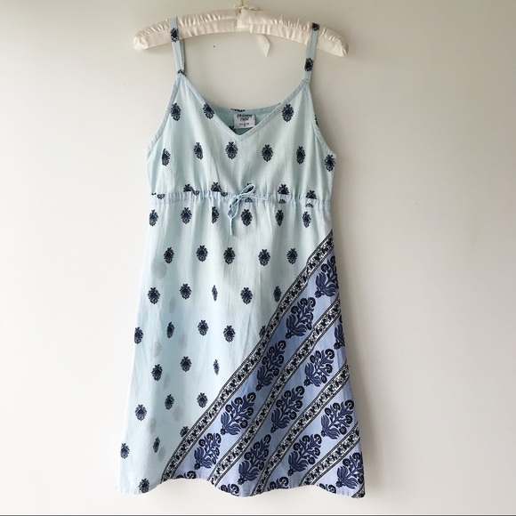 Blue print empire waist batik print summer dress v neck spaghetti strap - Picture 2 of 7